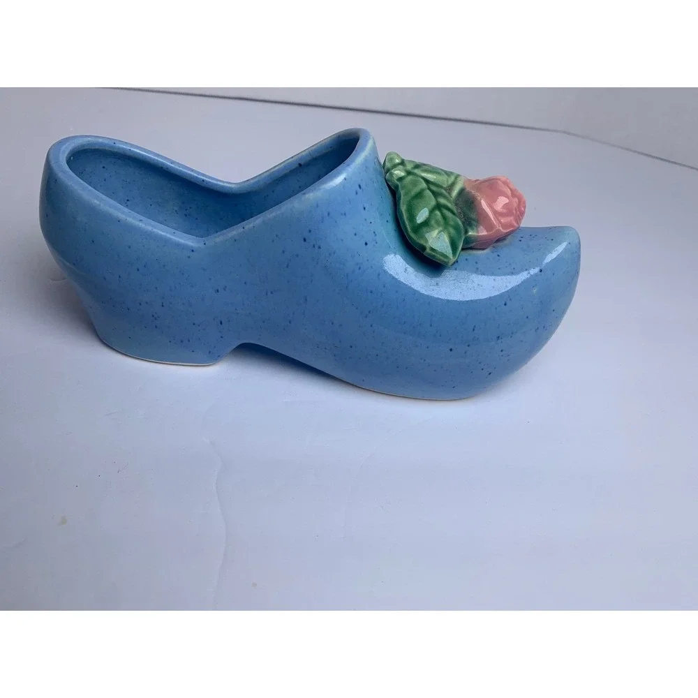 Vintage Blue Speckled Ceramic Dutch Clog Shoe Figurine Pink Rose Floral Planter